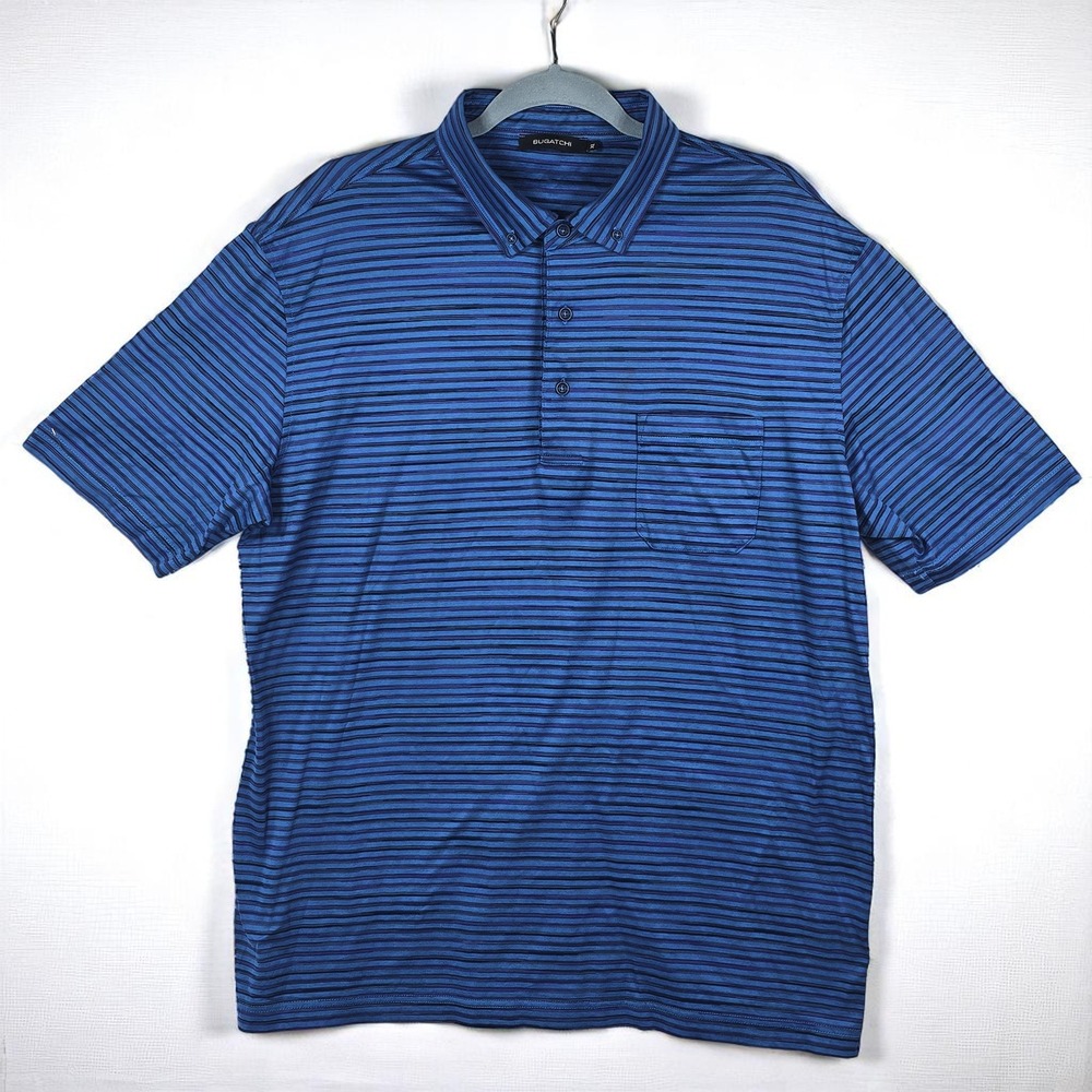 Bugatchi Striped Polo Shirt‎ Men XL Blue Mercerized Cotton Golf Walking Casual